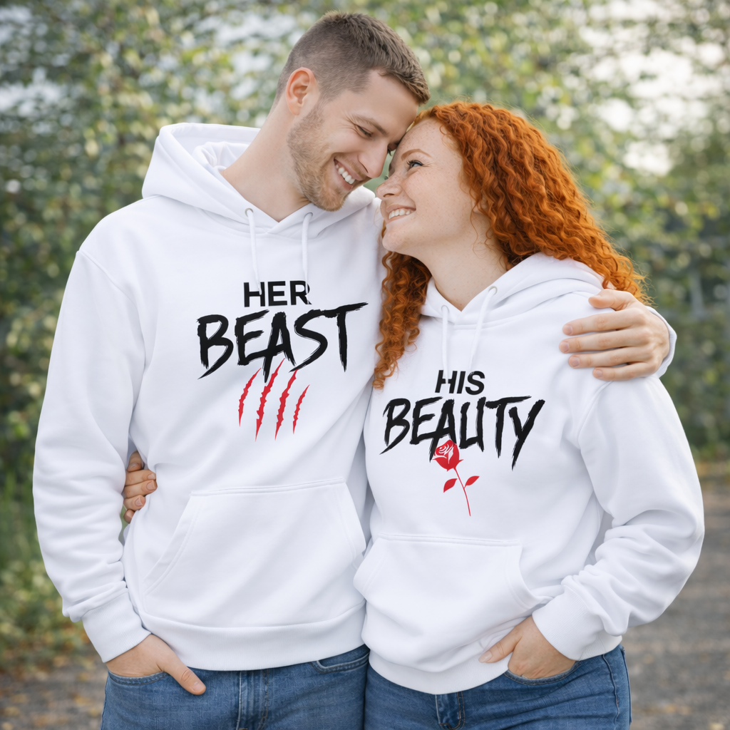 Hoodies Couple « HER BEAST / HIS BEAUTY » – Pour Lui & Elle | Noir ou Blanc