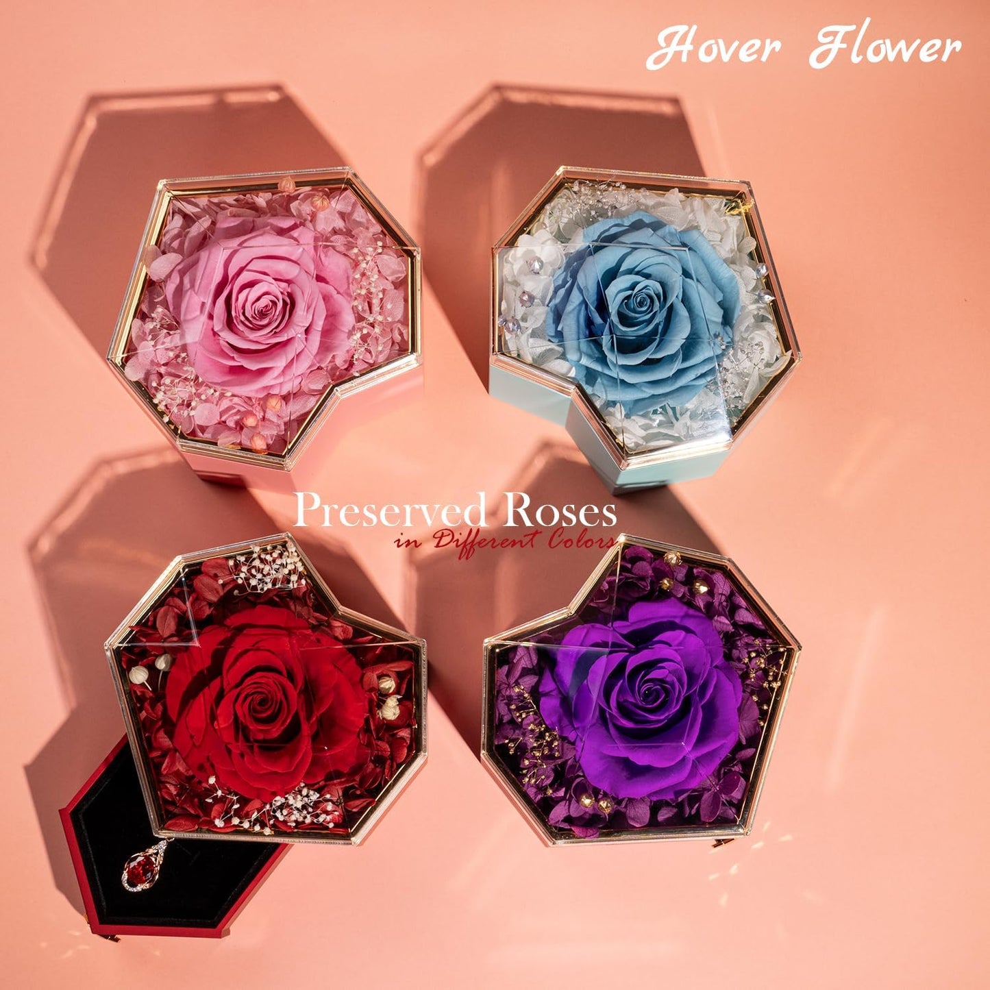 Rose Éternelle Naturelle en Coffret Cœur – Bijou Caché | 4 Couleurs : Rouge, Rose, Bleu, Violet