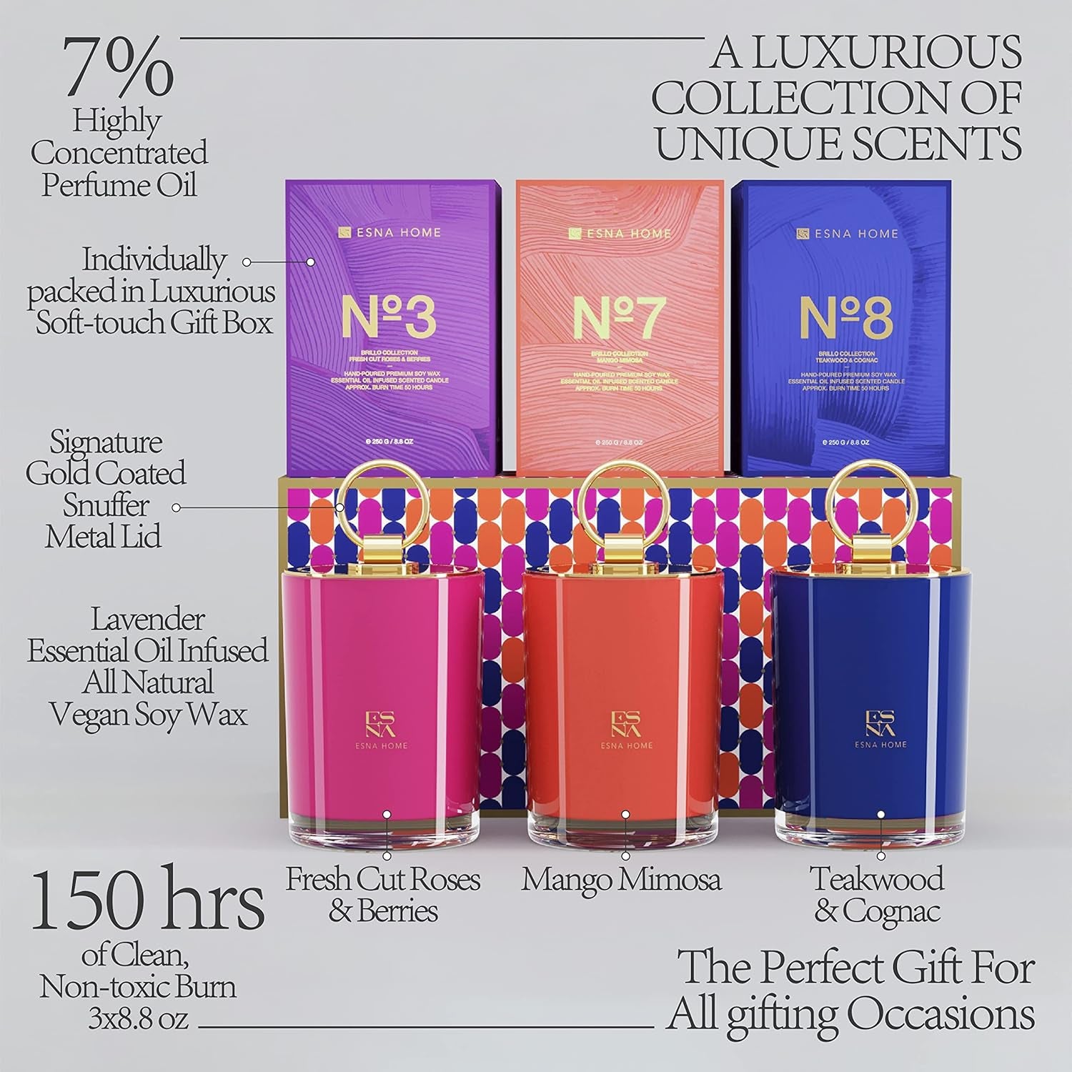 Coffret PRESTIGE Trio de Bougies Parfumées – Roses & Baies | Mangue & Mimosa | Teakwood & Cognac