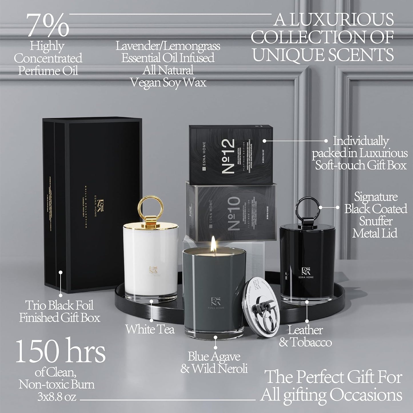 Coffret POUR LUI Trio de Bougies Parfumées – Cuir Aromatique & Feuille de Tabac | Thé Blanc & Agave Bleue | Néroli Sauvage