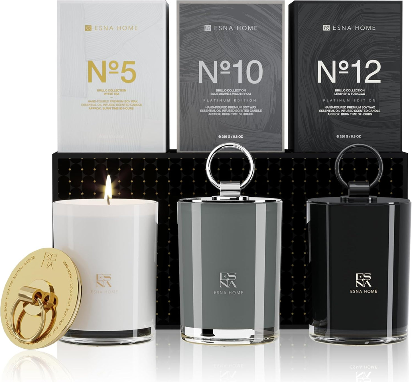 Coffret POUR LUI Trio de Bougies Parfumées – Cuir Aromatique & Feuille de Tabac | Thé Blanc & Agave Bleue | Néroli Sauvage