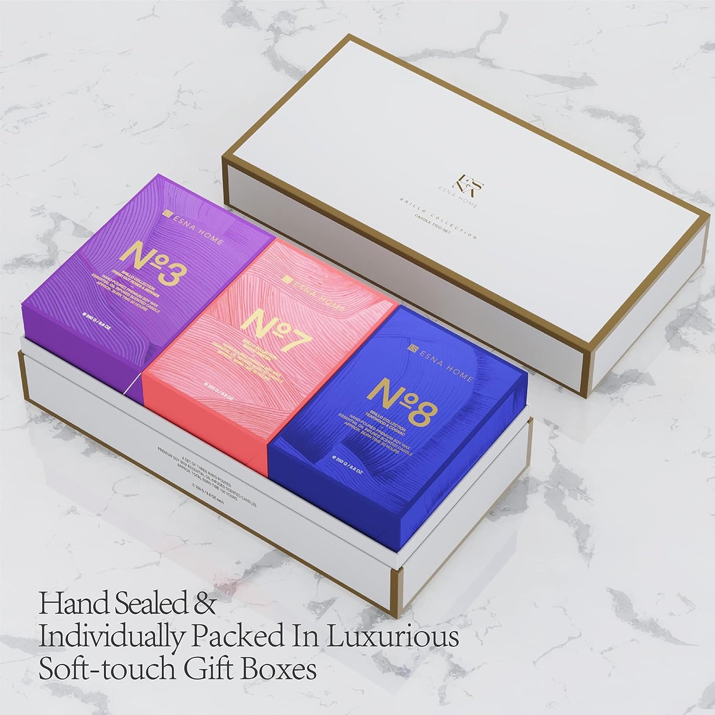 Coffret PRESTIGE Trio de Bougies Parfumées – Roses & Baies | Mangue & Mimosa | Teakwood & Cognac