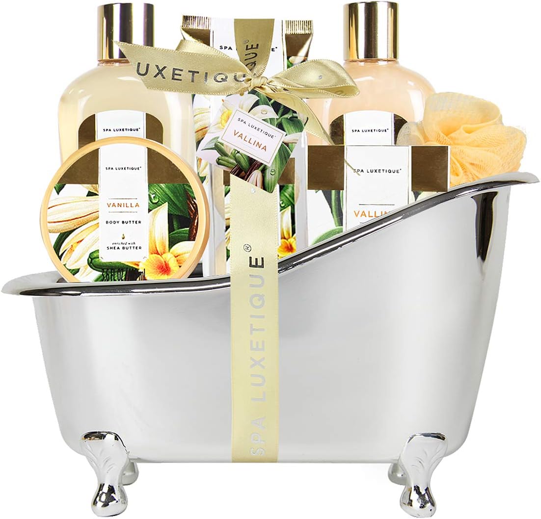 Indulge Her Senses: Luxurious Vanilla Spa Gift Set - 8-Piece Bath Basket with Shower Gel, Bubble Bath, Body Butter & More - Perfect Birthday & Mother's Day Gift for Women