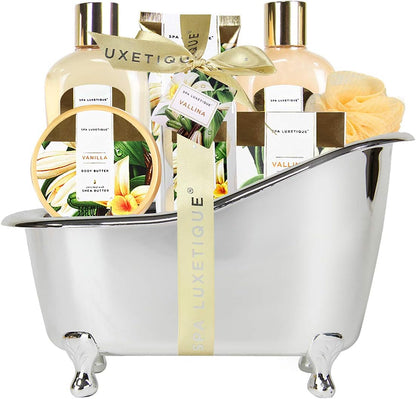 Indulge Her Senses: Luxurious Vanilla Spa Gift Set - 8-Piece Bath Basket with Shower Gel, Bubble Bath, Body Butter & More - Perfect Birthday & Mother's Day Gift for Women