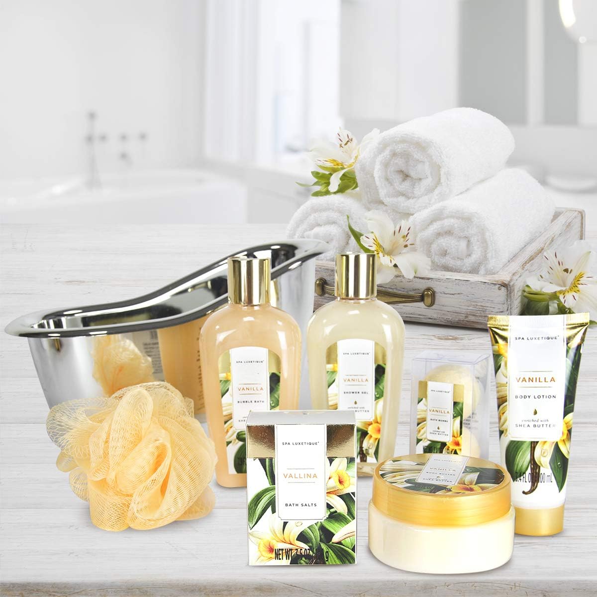 Indulge Her Senses: Luxurious Vanilla Spa Gift Set - 8-Piece Bath Basket with Shower Gel, Bubble Bath, Body Butter & More - Perfect Birthday & Mother's Day Gift for Women