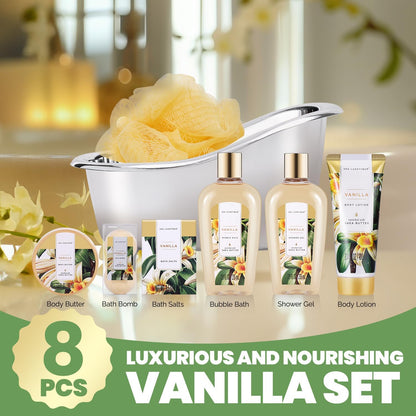 Indulge Her Senses: Luxurious Vanilla Spa Gift Set - 8-Piece Bath Basket with Shower Gel, Bubble Bath, Body Butter & More - Perfect Birthday & Mother's Day Gift for Women