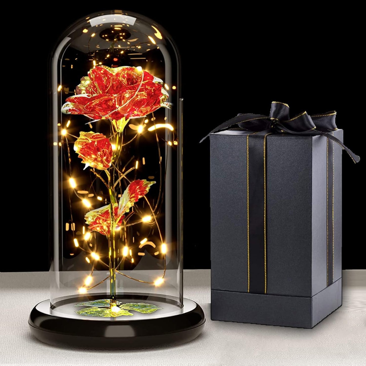 Rose éternelle sous cloche en verre avec LED – Coffret inclus | 7 couleurs disponibles