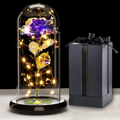 Rose éternelle sous cloche en verre avec LED – Coffret inclus | 7 couleurs disponibles