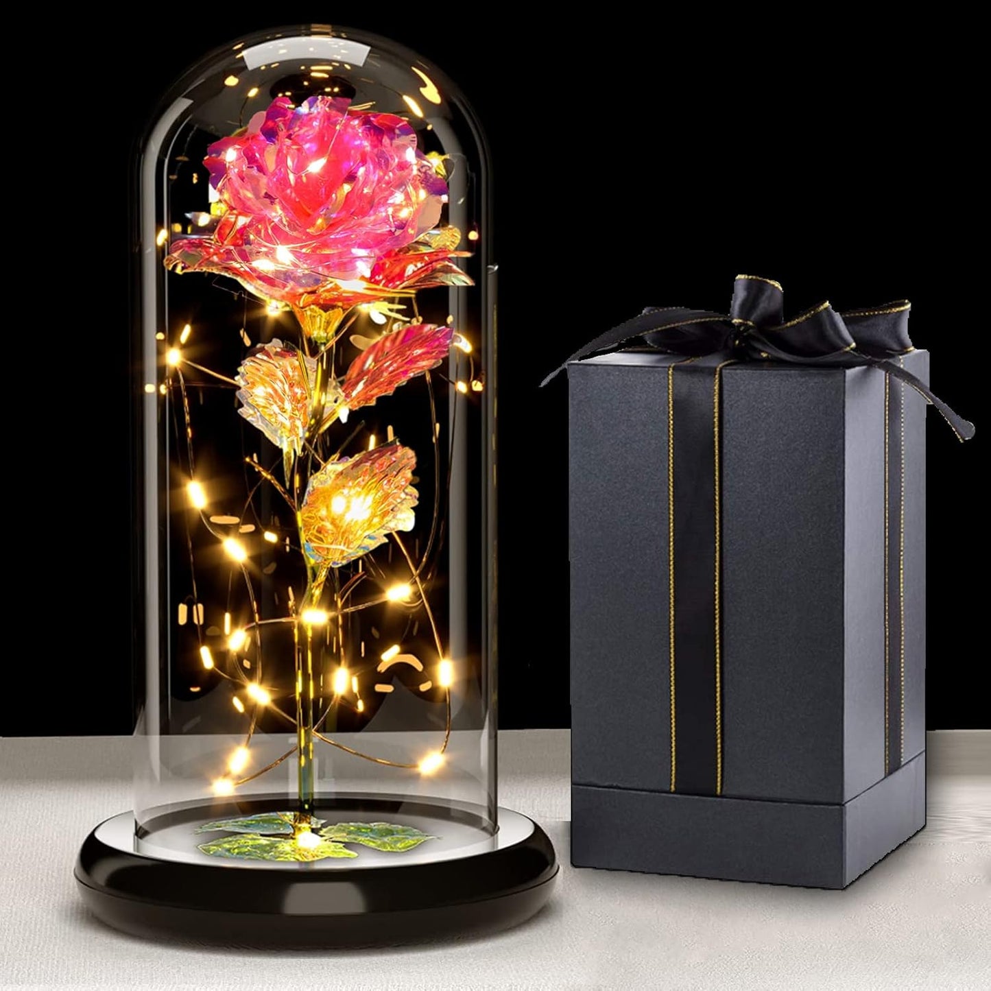 Rose éternelle sous cloche en verre avec LED – Coffret inclus | 7 couleurs disponibles