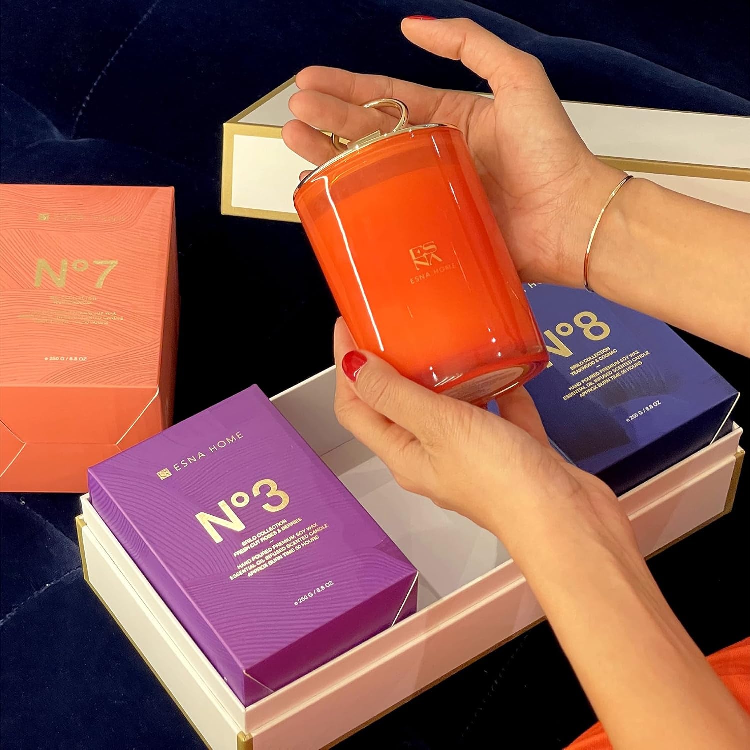 Coffret PRESTIGE Trio de Bougies Parfumées – Roses & Baies | Mangue & Mimosa | Teakwood & Cognac