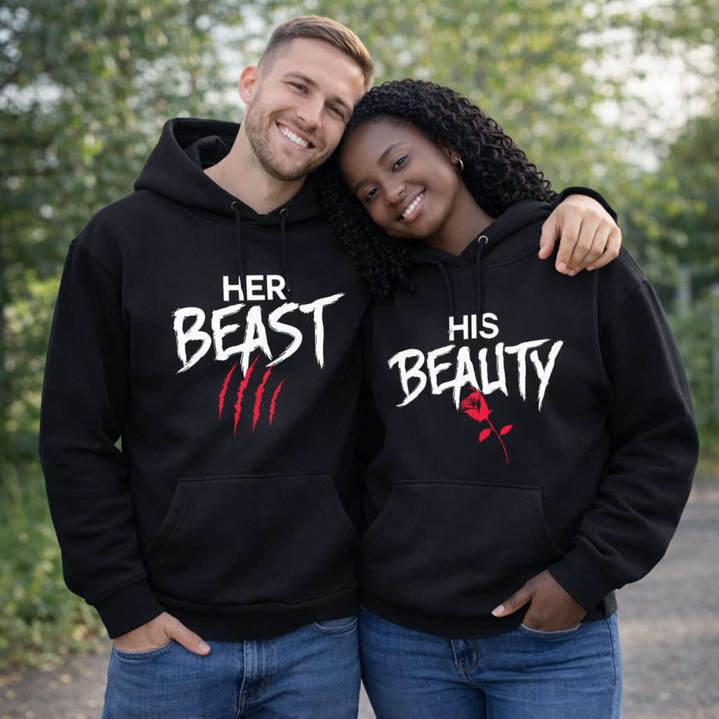Hoodies Couple « HER BEAST / HIS BEAUTY » – Pour Lui & Elle | Noir ou Blanc