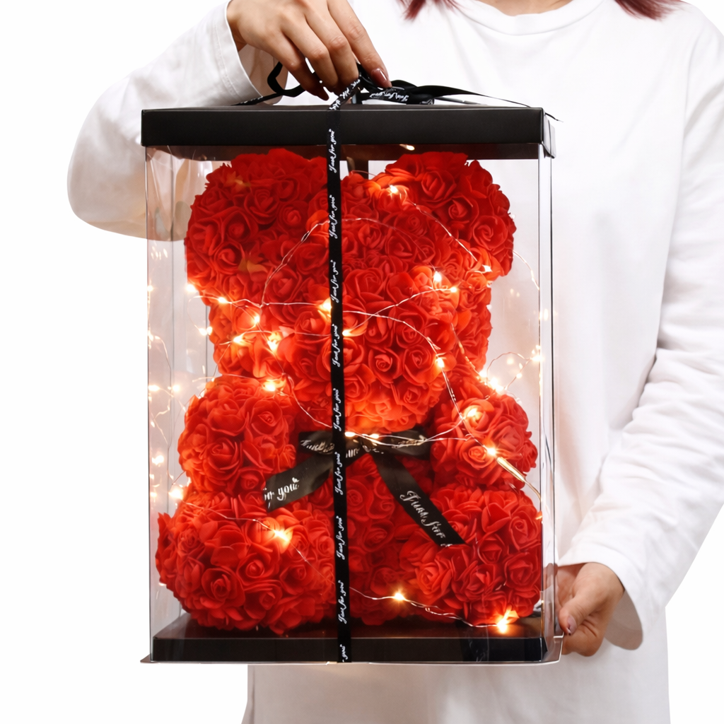 Ours en roses éternelles 25 cm, coffret cadeau avec éclairage LED – Bordeaux, Blanc, Rouge, ou Rose