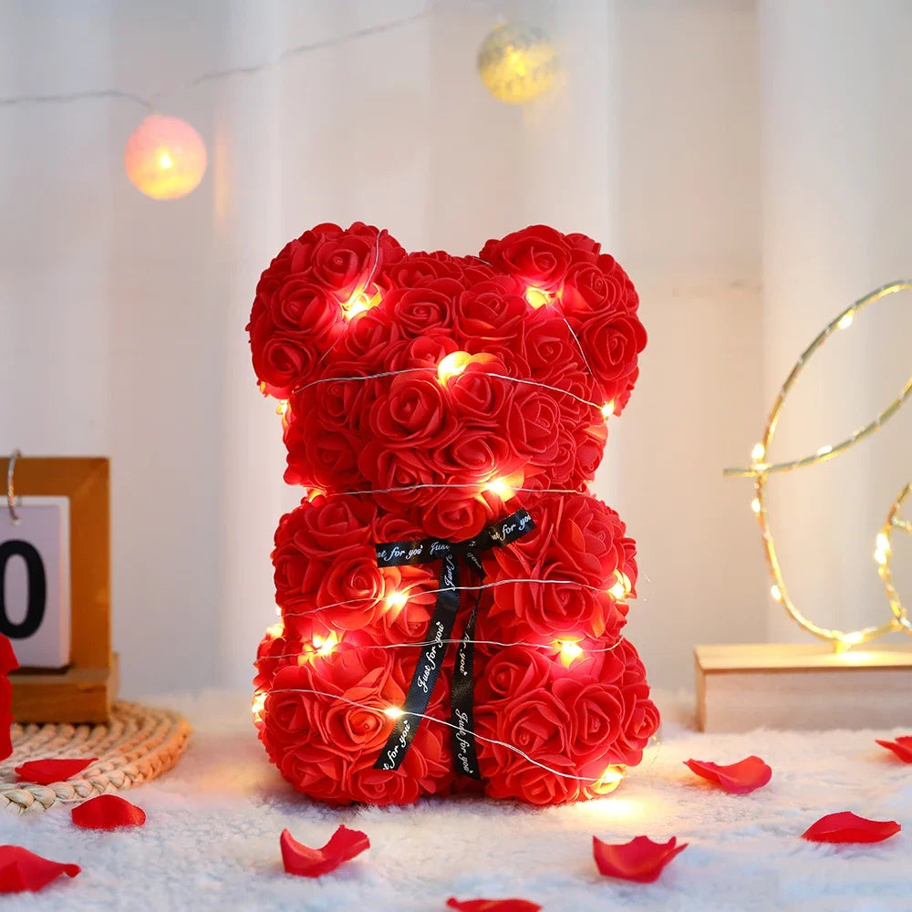 Ours en roses éternelles 25 cm, coffret cadeau avec éclairage LED – Offert en Bordeaux, blanc, rouge, noir ou rose