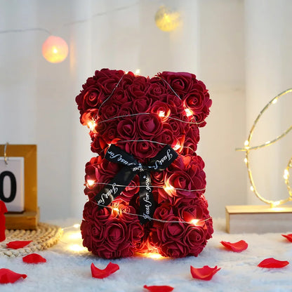 Ours en roses éternelles 25 cm, coffret cadeau avec éclairage LED – Offert en Bordeaux, blanc, rouge, noir ou rose