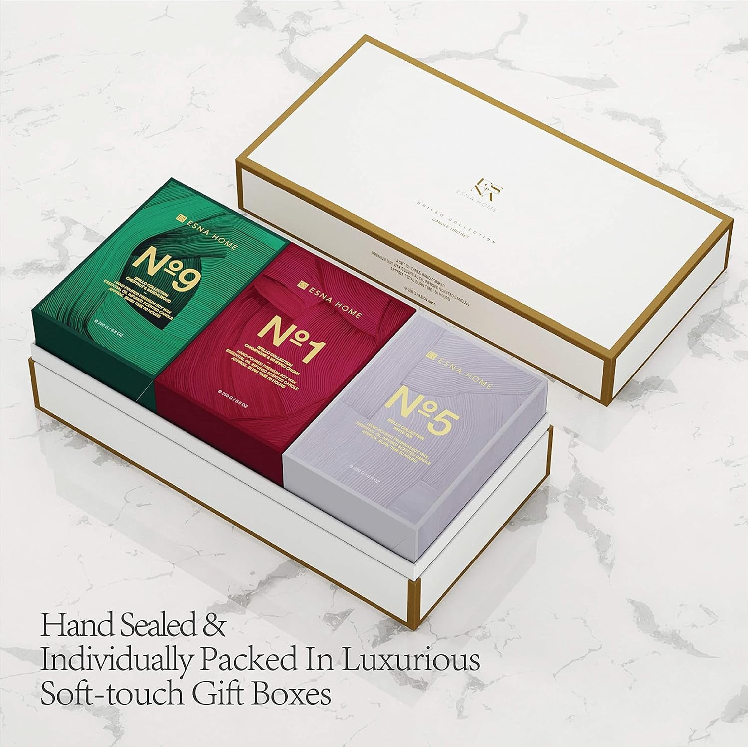 Coffret PRESTIGE Trio de Bougies Parfumées – Châtaigne & Santal | Champagne & Crème Fouettée | Thé Blanc