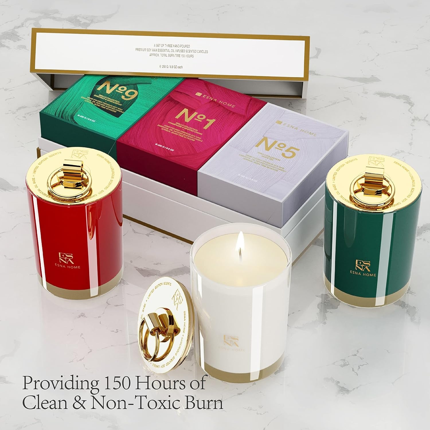 Coffret PRESTIGE Trio de Bougies Parfumées – Châtaigne & Santal | Champagne & Crème Fouettée | Thé Blanc