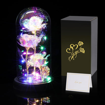 Rose éternelle sous cloche en verre avec LED – Coffret inclus | 7 couleurs disponibles