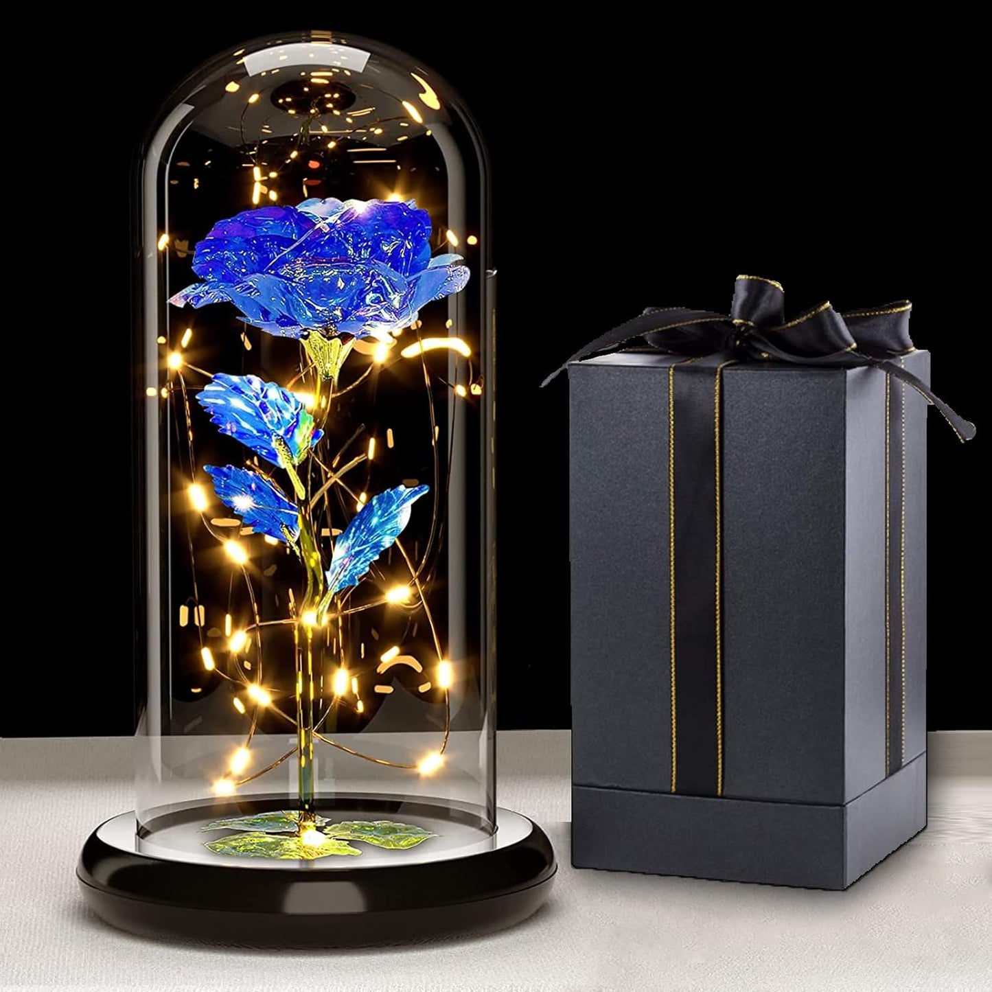 Rose éternelle sous cloche en verre avec LED – Coffret inclus | 7 couleurs disponibles