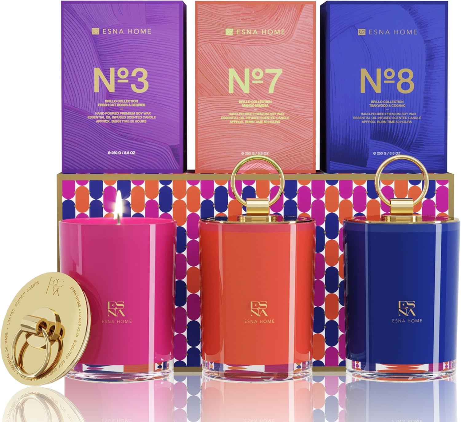 Coffret PRESTIGE Trio de Bougies Parfumées – Roses & Baies | Mangue & Mimosa | Teakwood & Cognac