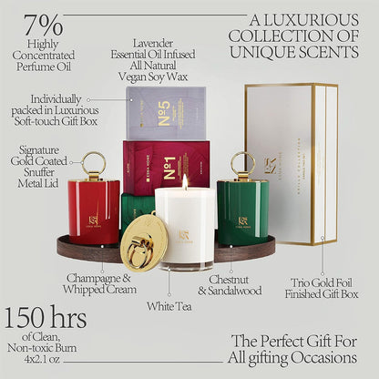 Coffret PRESTIGE Trio de Bougies Parfumées – Châtaigne & Santal | Champagne & Crème Fouettée | Thé Blanc