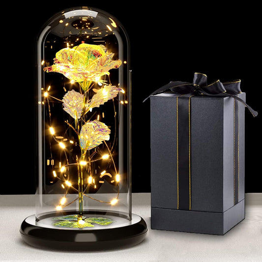 Rose éternelle sous cloche en verre avec LED – Coffret inclus | 7 couleurs disponibles