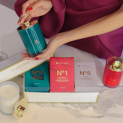 Coffret PRESTIGE Trio de Bougies Parfumées – Châtaigne & Santal | Champagne & Crème Fouettée | Thé Blanc