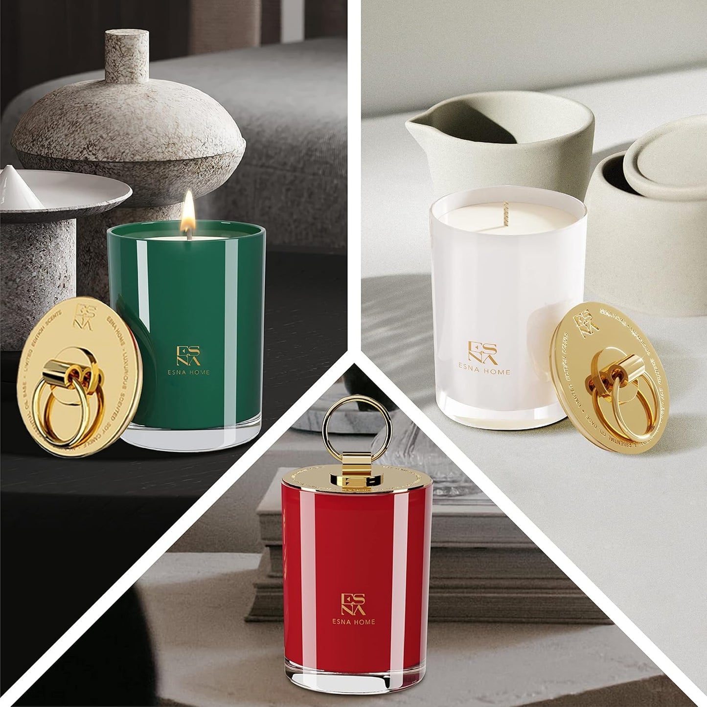 Coffret PRESTIGE Trio de Bougies Parfumées – Châtaigne & Santal | Champagne & Crème Fouettée | Thé Blanc